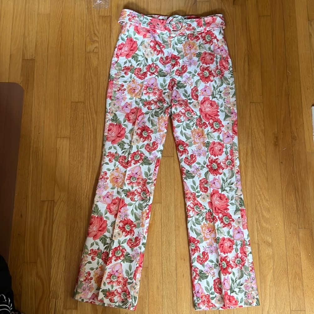 Mango floral wide leg linen pants with belt